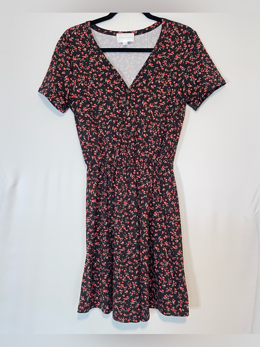Floral Black Short Sleeve Mini Dress Partial Button Front Cottagecore M